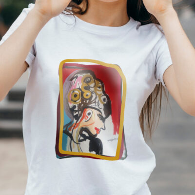 Stylish brunette girl wearing bwhite t-shirt and glasses posing