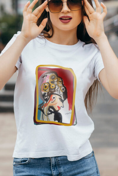 Stylish brunette girl wearing bwhite t-shirt and glasses posing