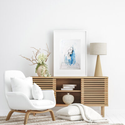 Poster mockup in Scandi-boho style interior background, 3d rende