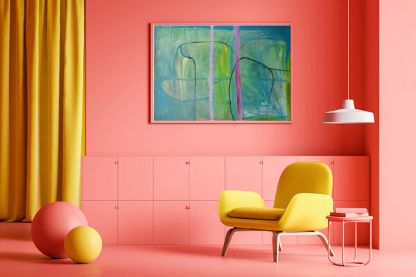 Minimalist living room interior with pink walls and floor, yellow curtain and comfortable yellow armchair with horizontal mock up poster above it. Table with books and two balls. 3d rendering