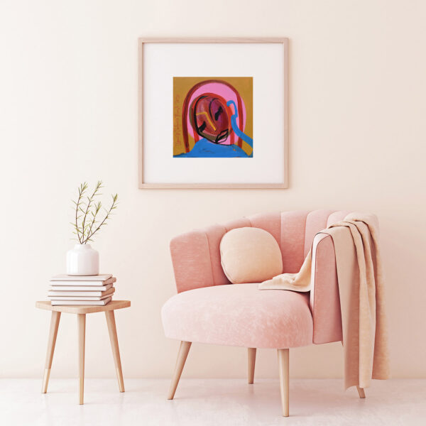 Poster mock up with square frame on empty beige wall in living room interior with pastel coral pink armchair and plant on table. 3D rendering.